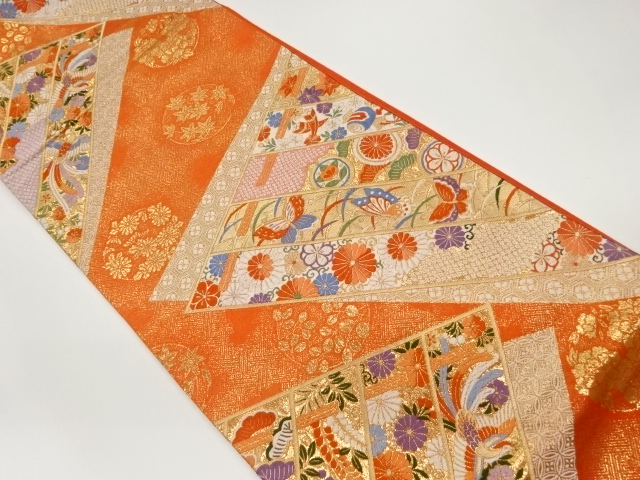 JAPANESE FUKURO OBI / WOVEN FLORAL PLANTS & BUTTERFLY